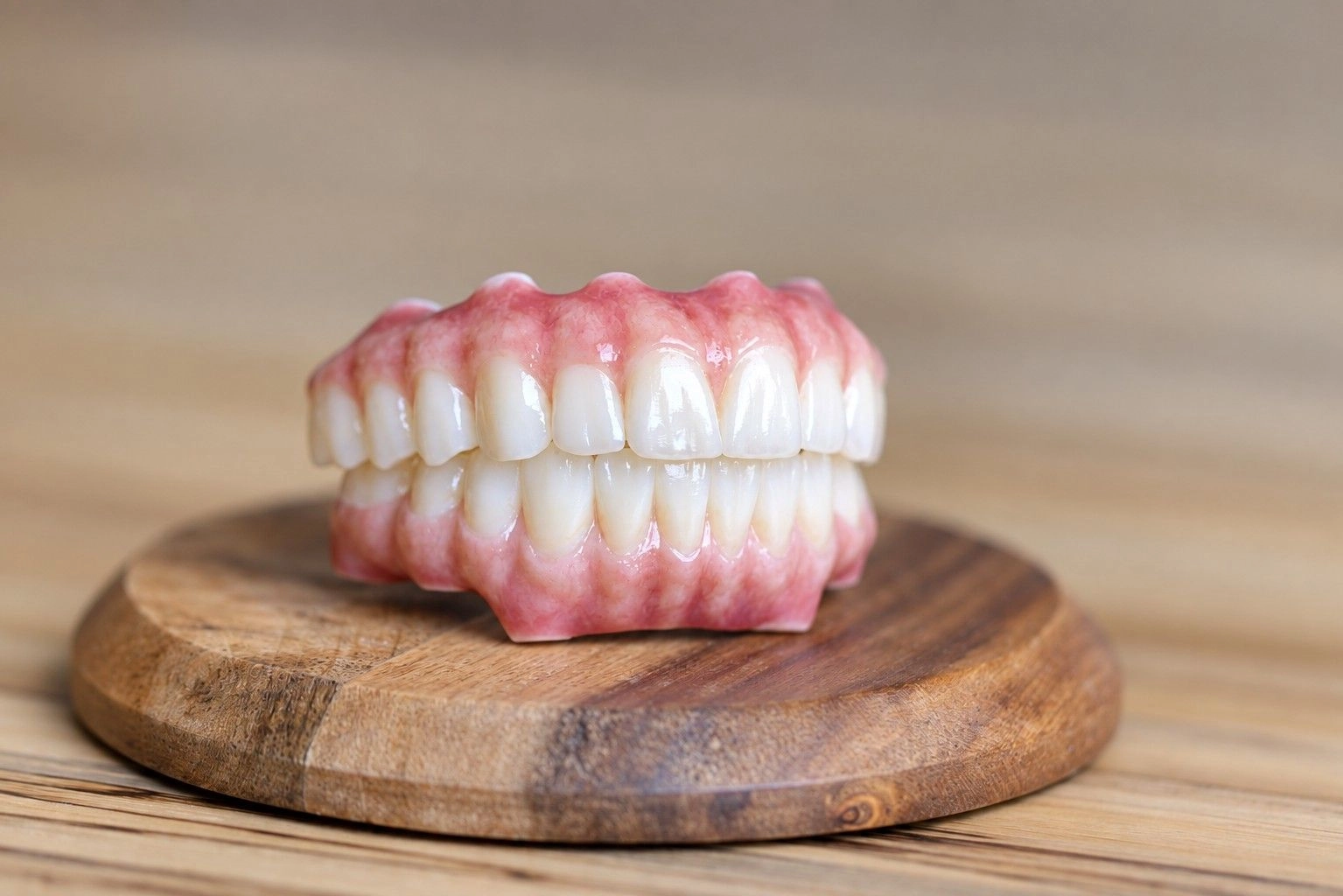 Full-arch dental implant restoration model showing the fixed prosthetic supported by implant posts